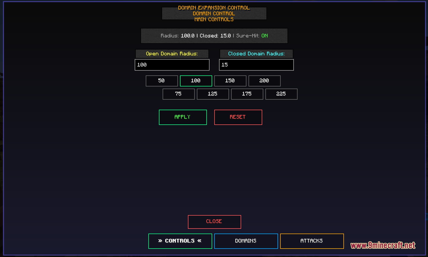 Cursed Canon Realism Mod Screenshot 3 Cursed Canon Realism Mod menu for adjusting domain expansion radius and sure hit