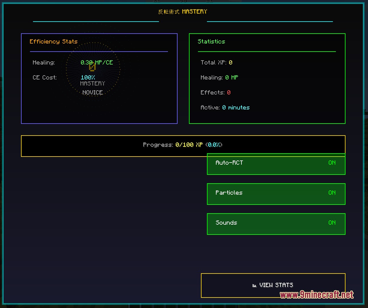 Cursed Canon Realism Mod Screenshot 4 Mastery screen showing reverse cursed technique healing statistics and character progression levels