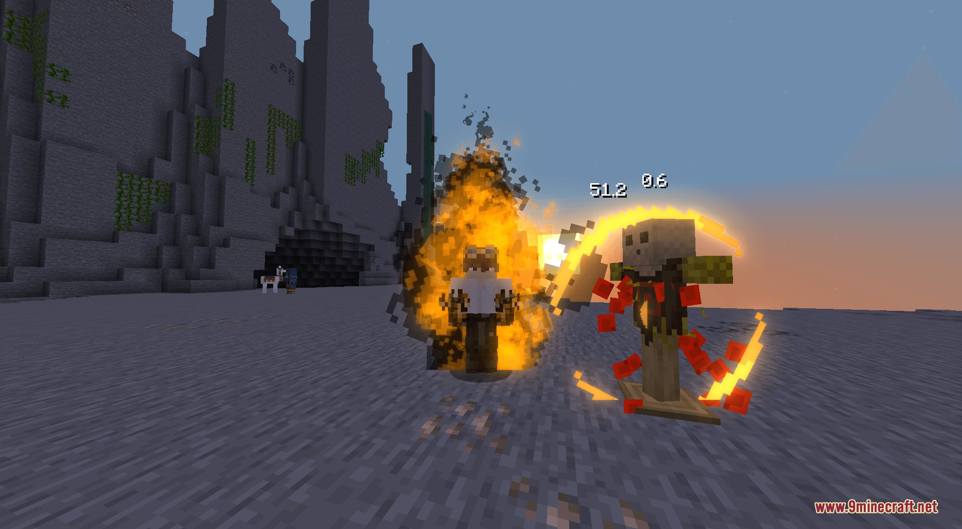 Cursed Fate Auras Mod Screenshot 1 A player with a fiery orange aura attacking an armor stand in Minecraft