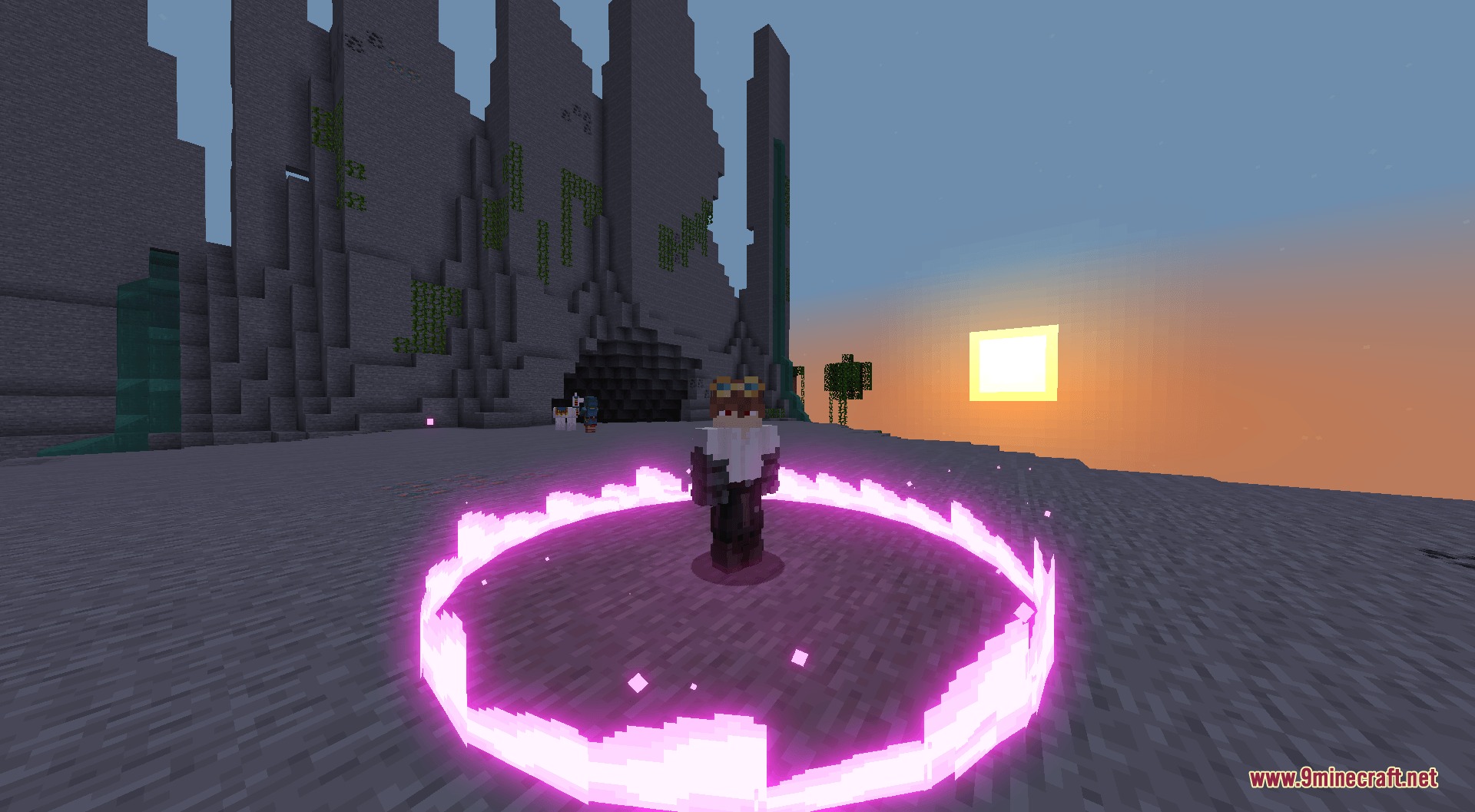Cursed Fate Auras Mod Screenshot 2 Minecraft character standing inside a glowing pink energy ring during a sunset