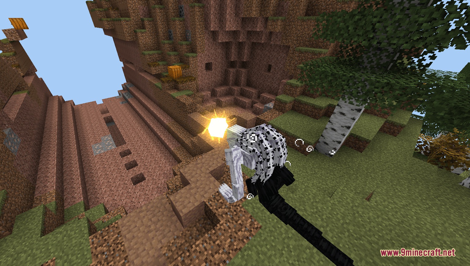 Cursed Fate Auras Mod Screenshot 3 Character with a black and white aura stands near a bright yellow light