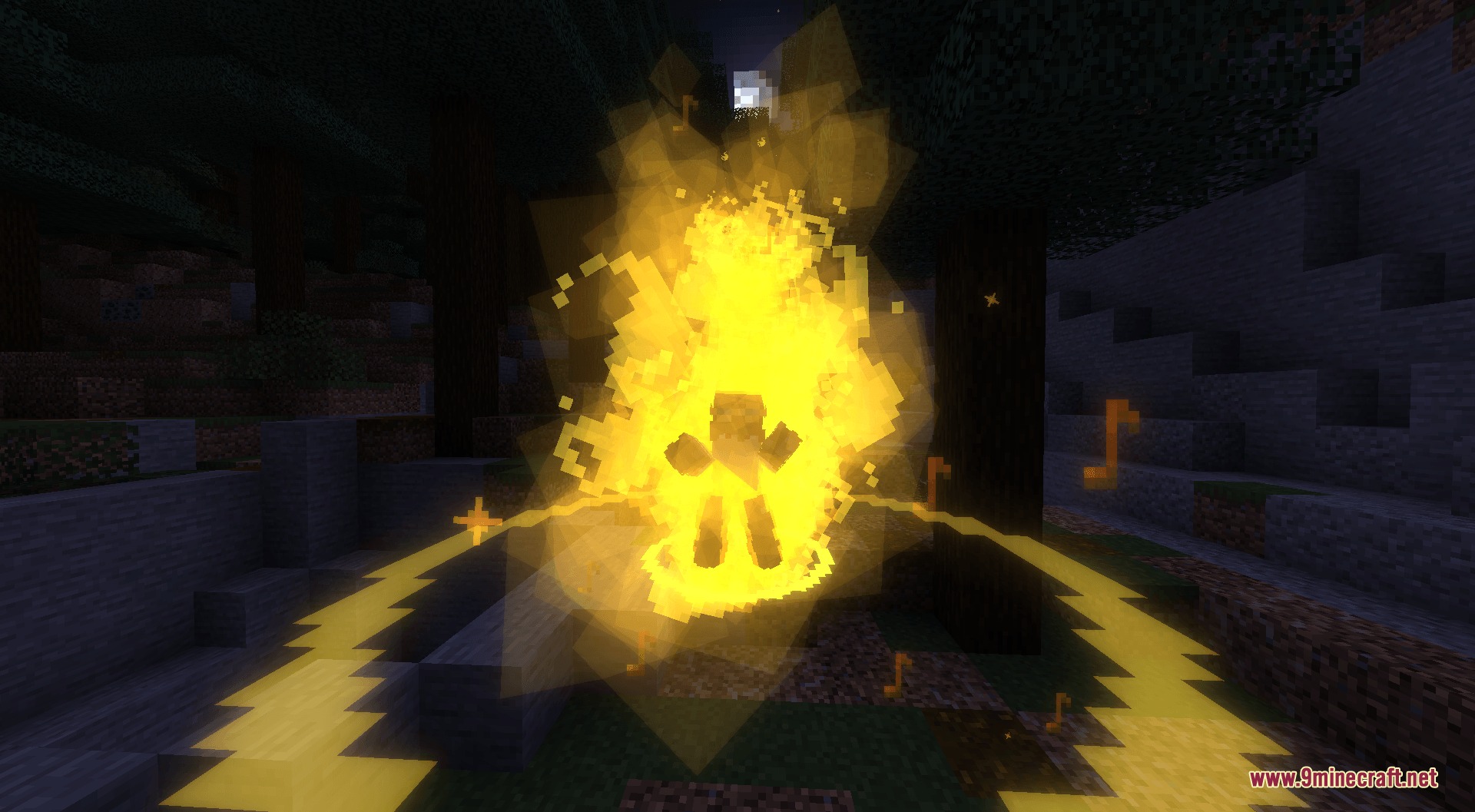 Cursed Fate Auras Mod Screenshot 4 Player character activates a yellow aura with musical note particles at night