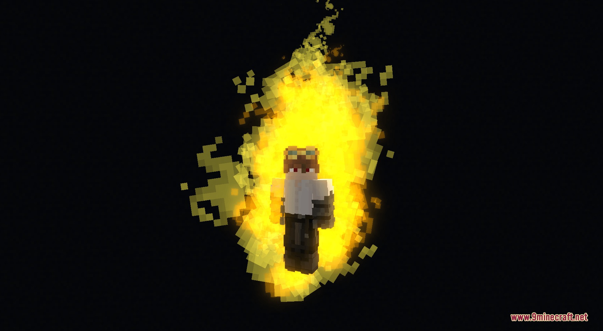 Cursed Fate Auras Mod Screenshot 5 Minecraft player character surrounded by a vibrant yellow pixelated energy aura effect
