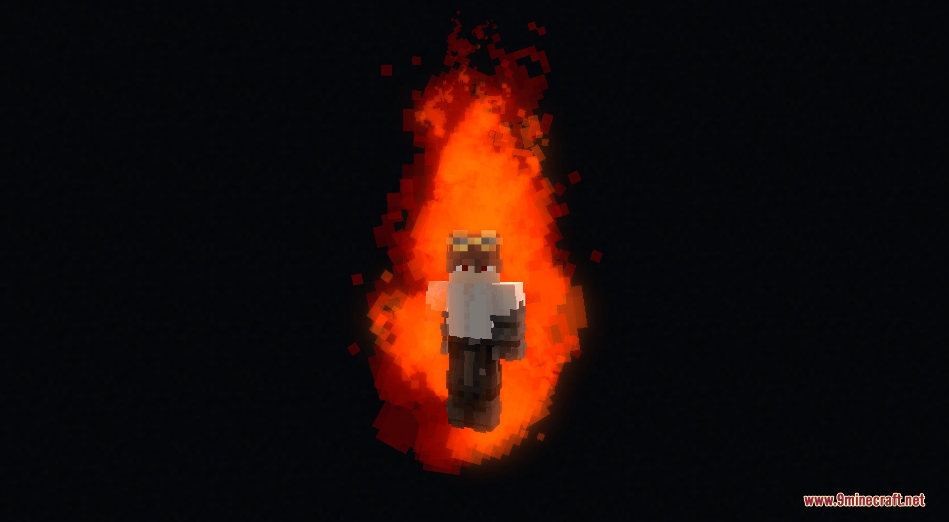 Cursed Fate Auras Mod Screenshot 6 Minecraft player character surrounded by a vibrant orange pixelated energy aura effect