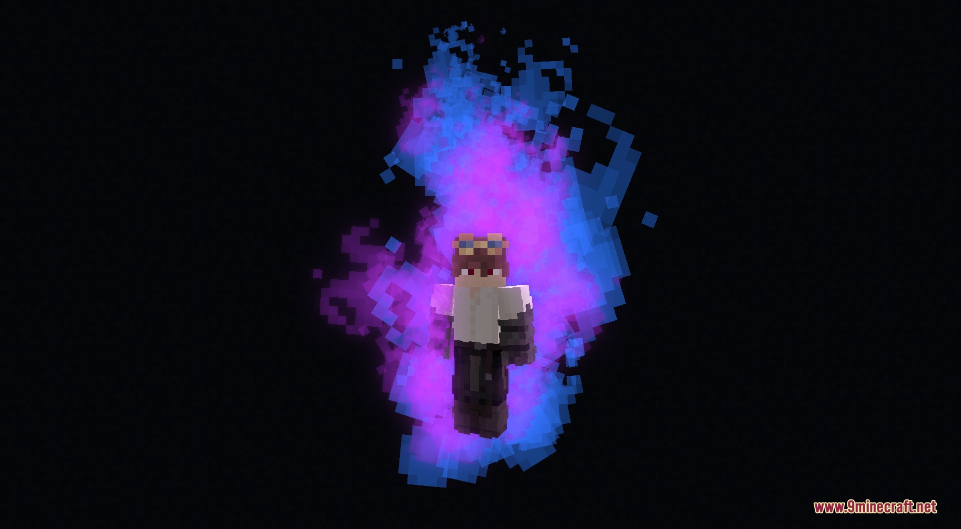 Cursed Fate Auras Mod Screenshot 7 A Minecraft character standing with a vibrant purple and blue energy aura