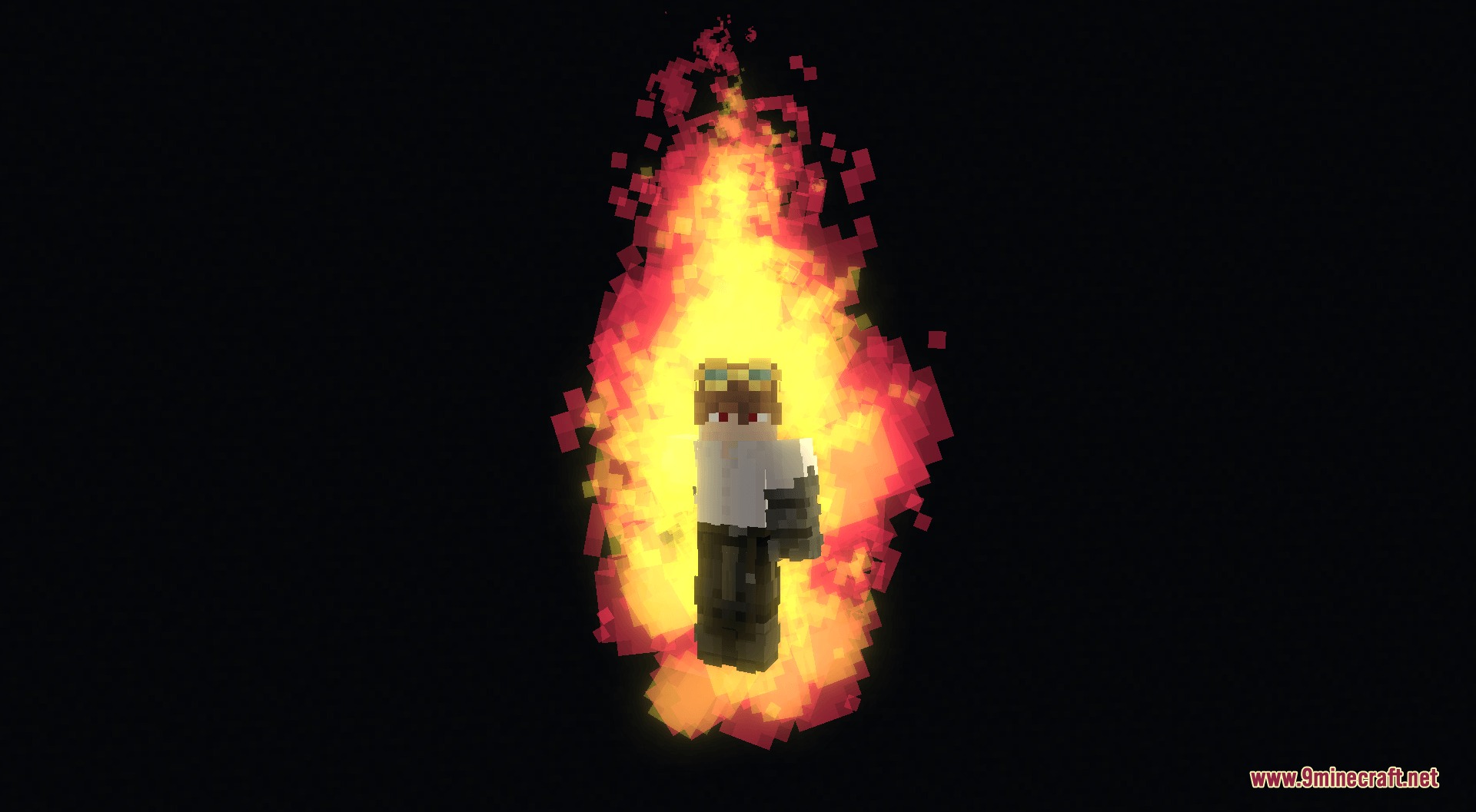 Cursed Fate Auras Mod Screenshot 8 A Minecraft character enveloped in a bright red and yellow flaming aura