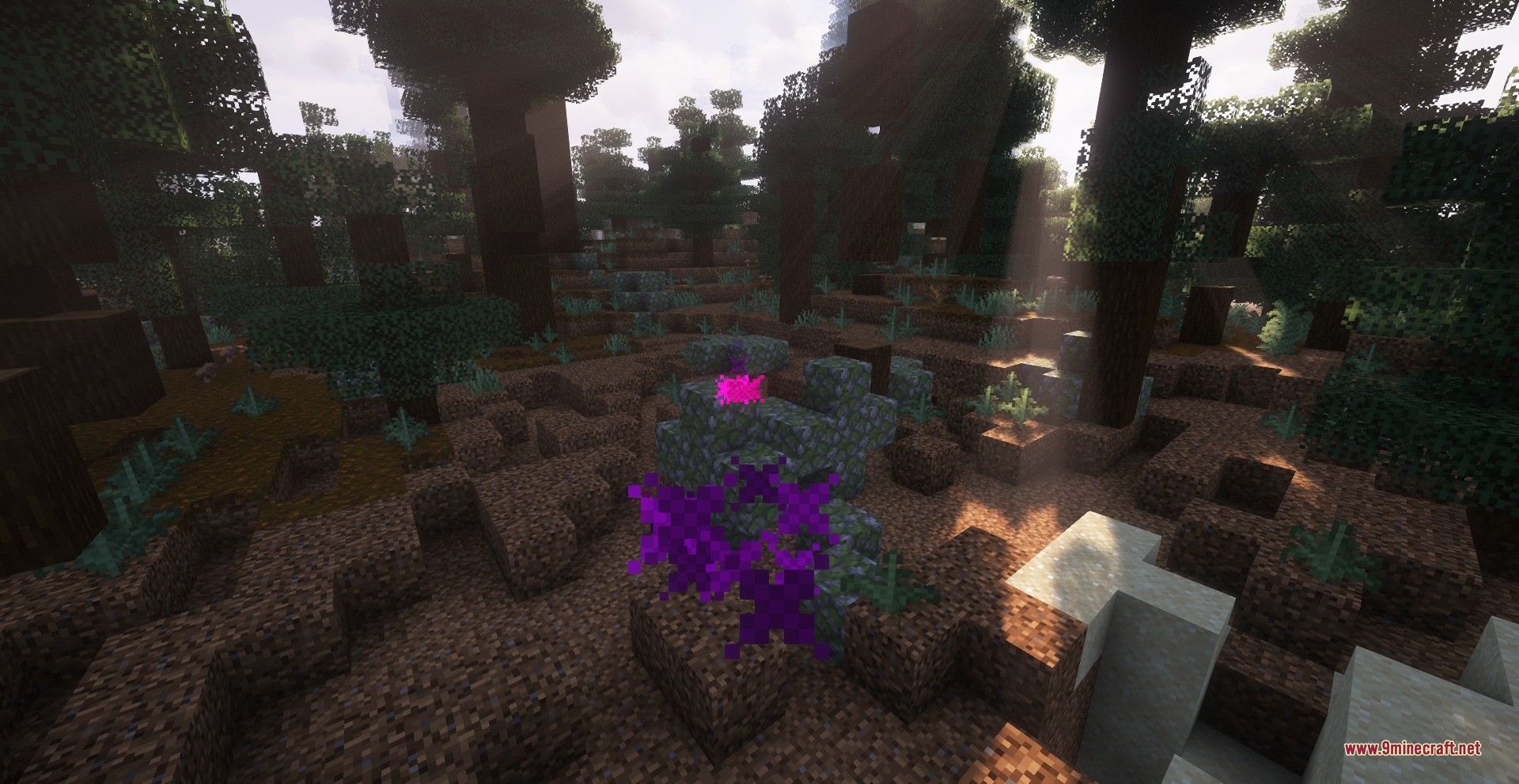 Cursed Limitless Resonance Data Pack Screenshot 3 Glowing purple cursed energy particles floating near a structure in a dense forest