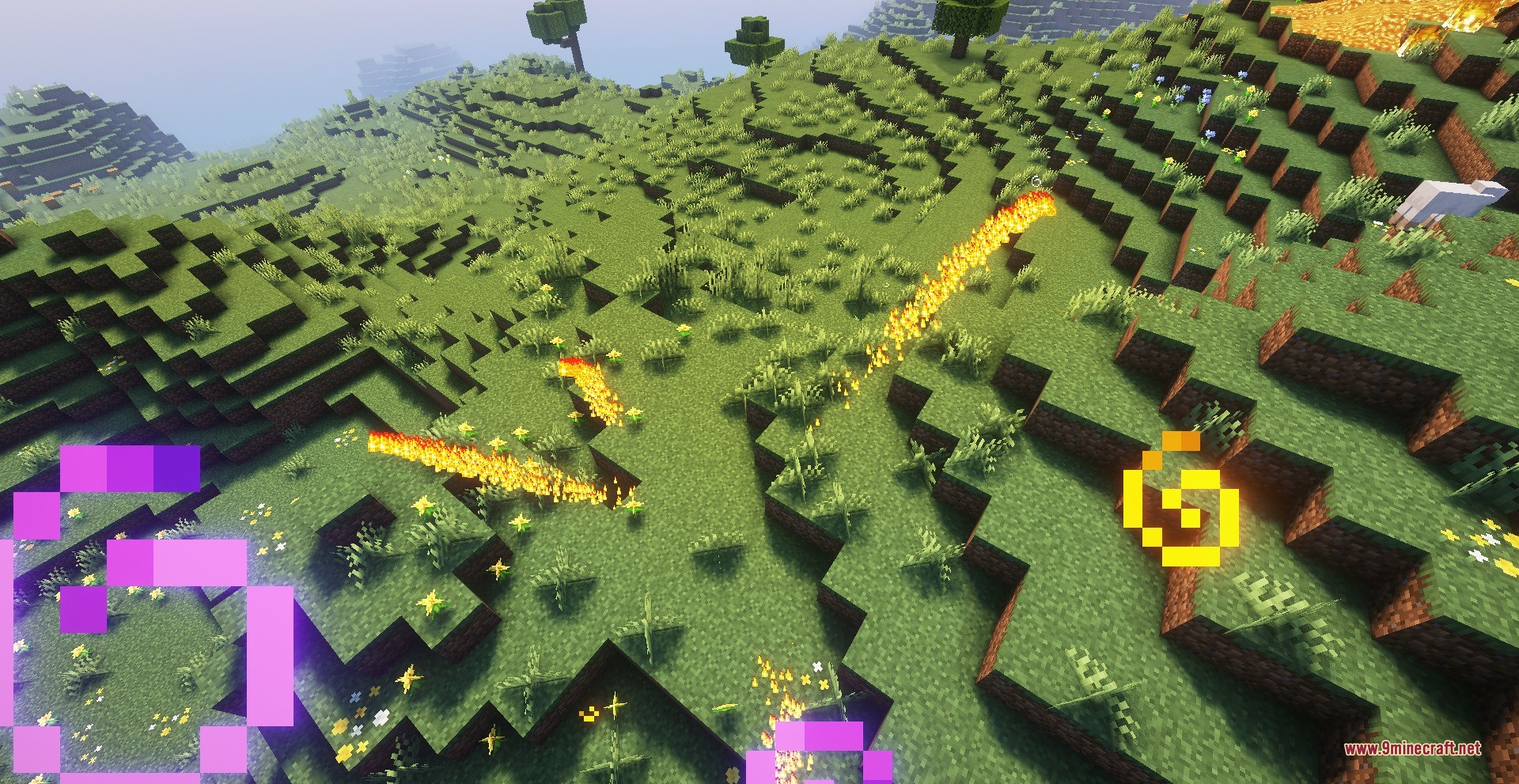 Cursed Limitless Resonance Data Pack Screenshot 4 Fire trails and glowing energy symbols burning across a green grassy landscape