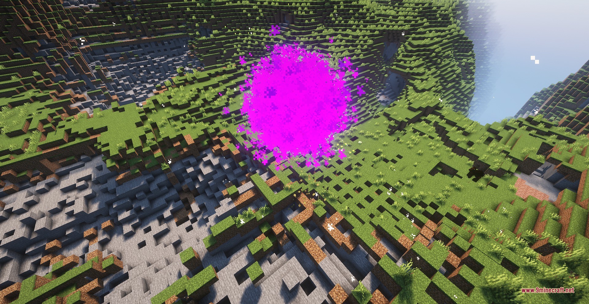 Cursed Limitless Resonance Data Pack Screenshot 8 A massive Hollow Purple energy blast destroying terrain in a Minecraft world