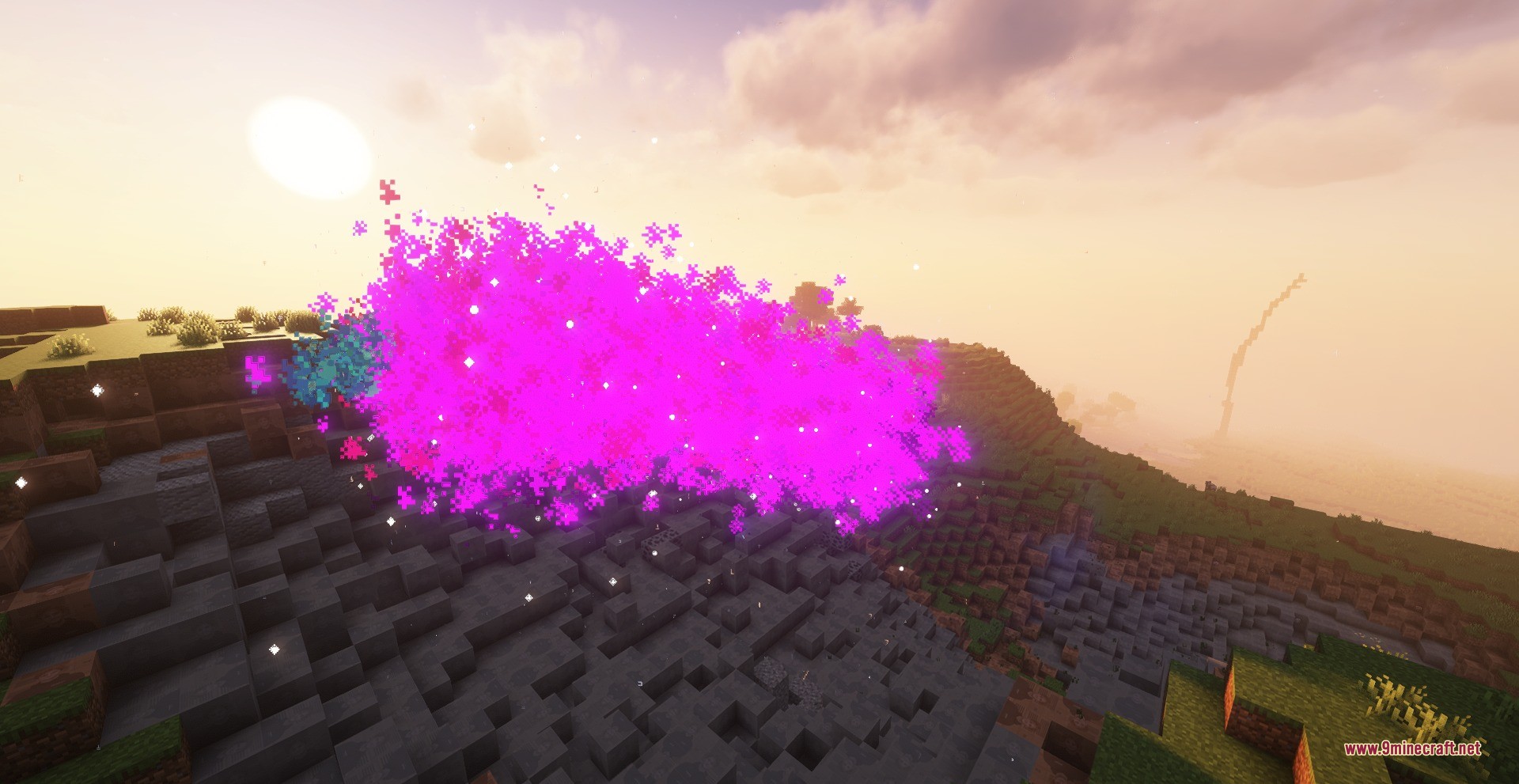 Cursed Limitless Resonance Data Pack Screenshot 9 A massive Hollow Purple energy blast explodes across a hilly Minecraft landscape at sunset