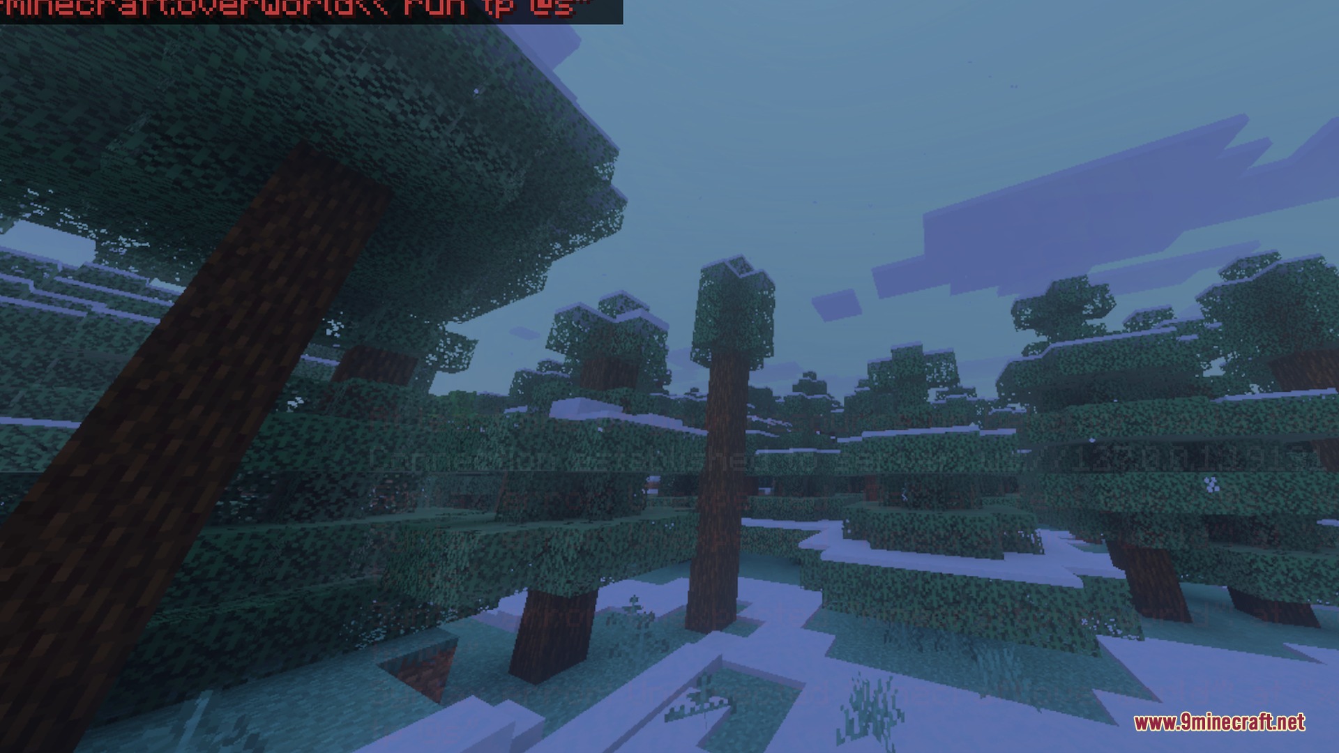 Snowy spruce forest landscape under a foggy blue sky in Minecraft