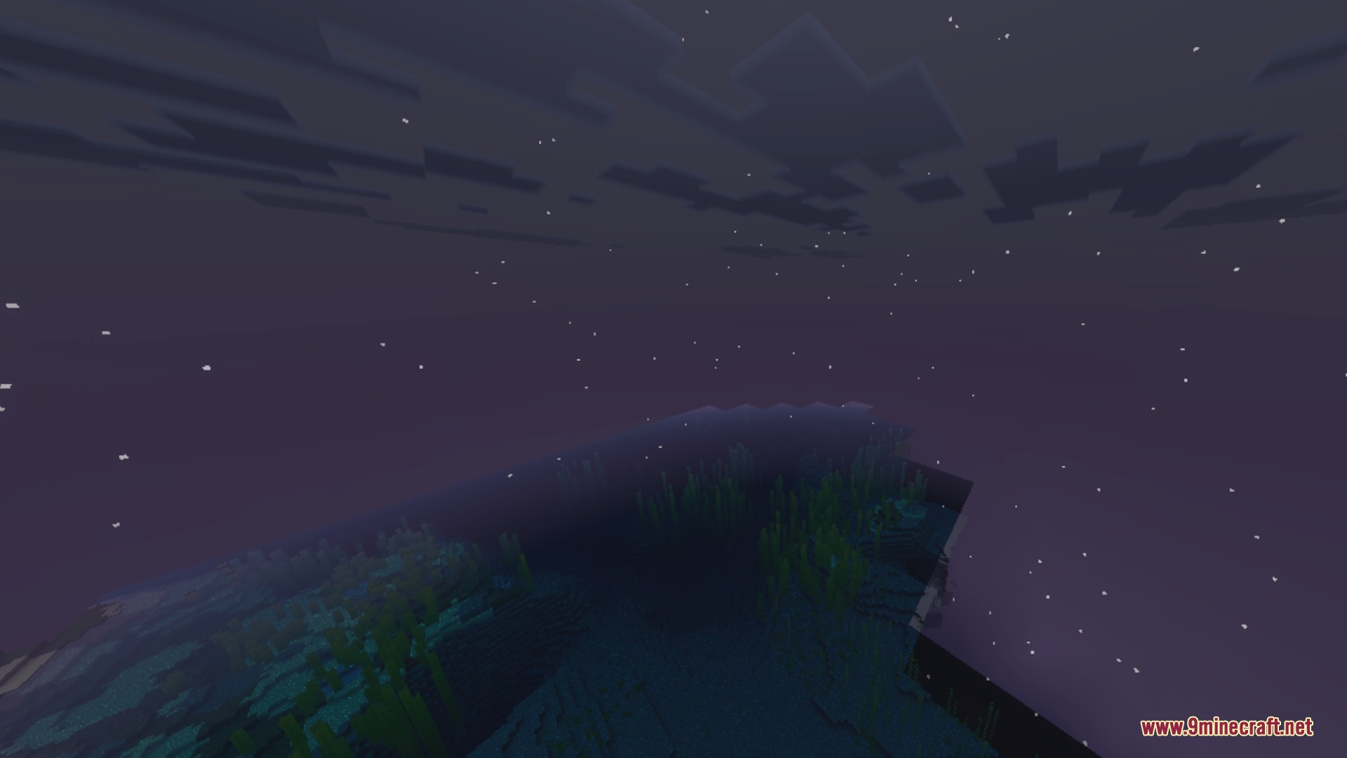 Night sky with stars and purple atmosphere over a Minecraft ocean biome