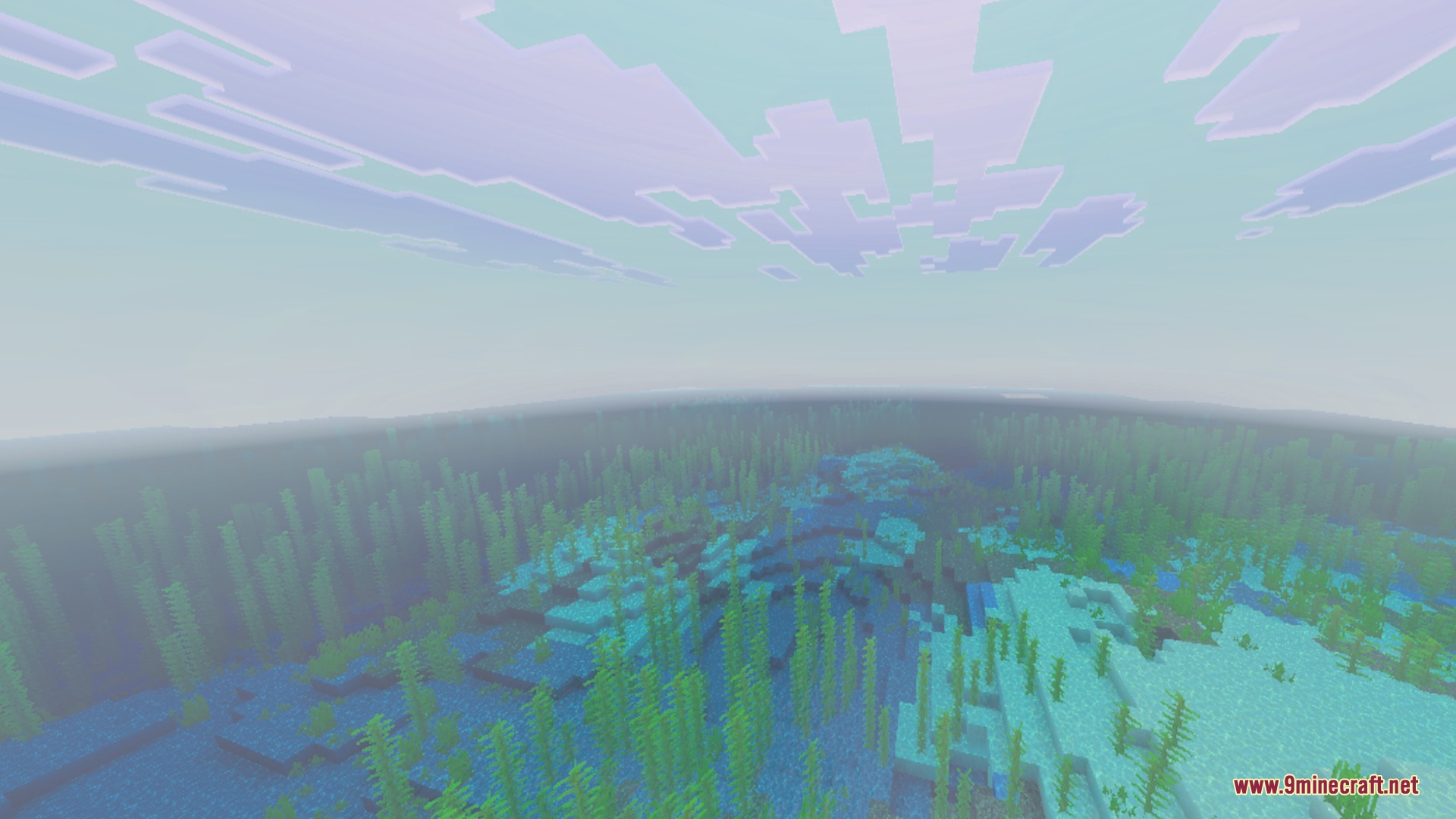 Bright blue sky with hazy atmosphere over a Minecraft ocean with kelp