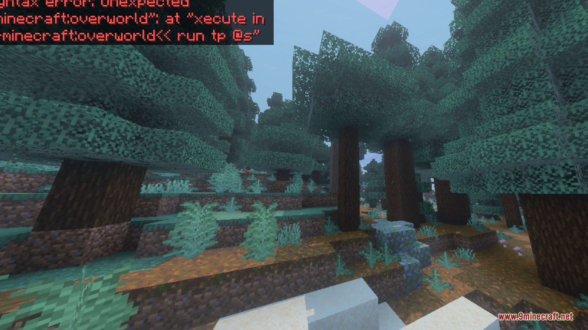Dense spruce forest biome with a unique blue atmospheric sky and tall trees