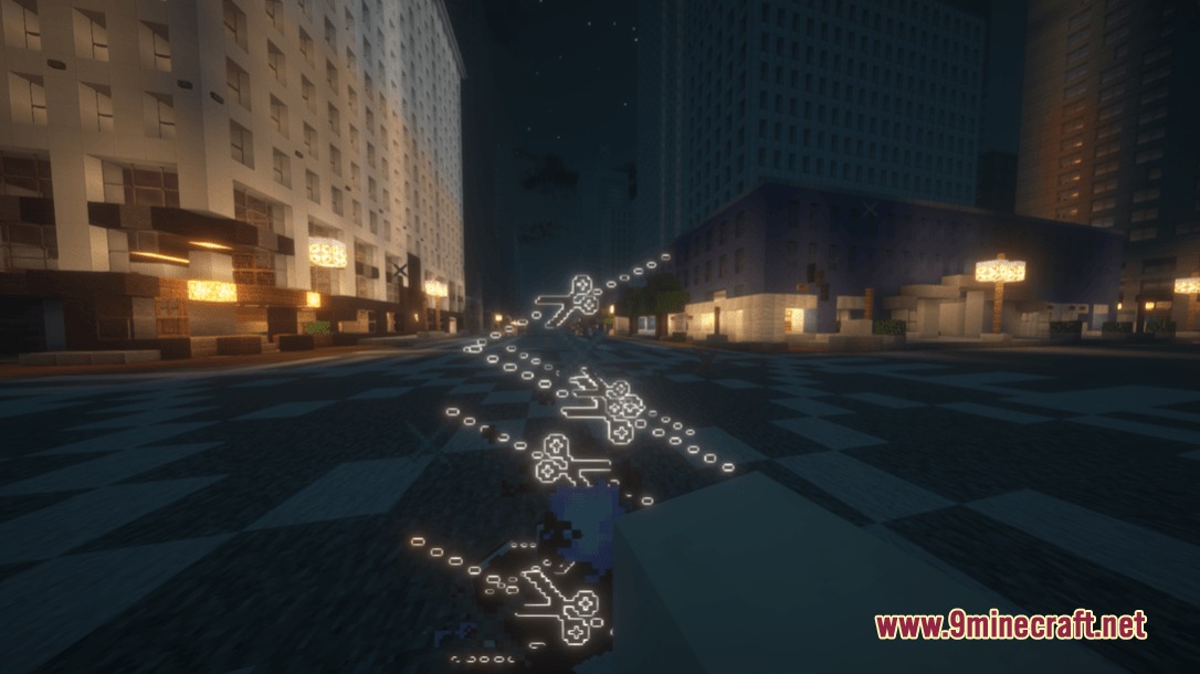Customized Jujutsucraft Resource Pack Screenshot 1 Cursed scissors from Customized Jujutsucraft Resource Pack fly through a city street