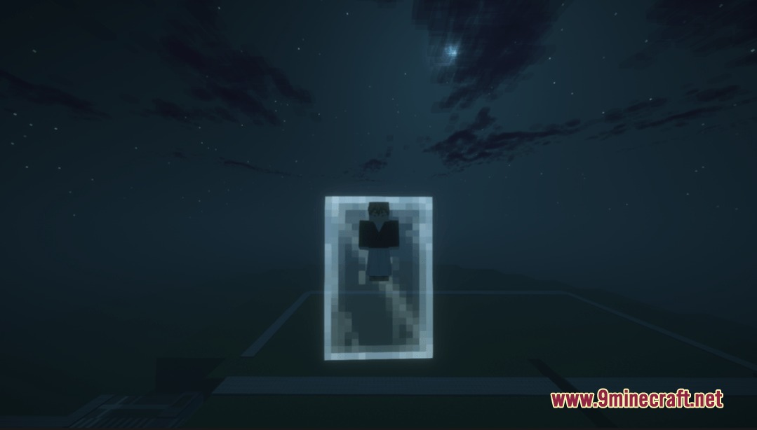 Customized Jujutsucraft Resource Pack Screenshot 2 A Minecraft character trapped inside a glowing rectangular box at night