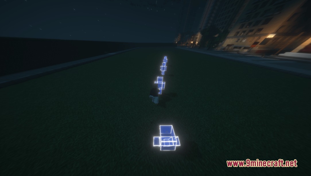Customized Jujutsucraft Resource Pack Screenshot 3 Blue glowing wireframe boxes float in a line across a dark field
