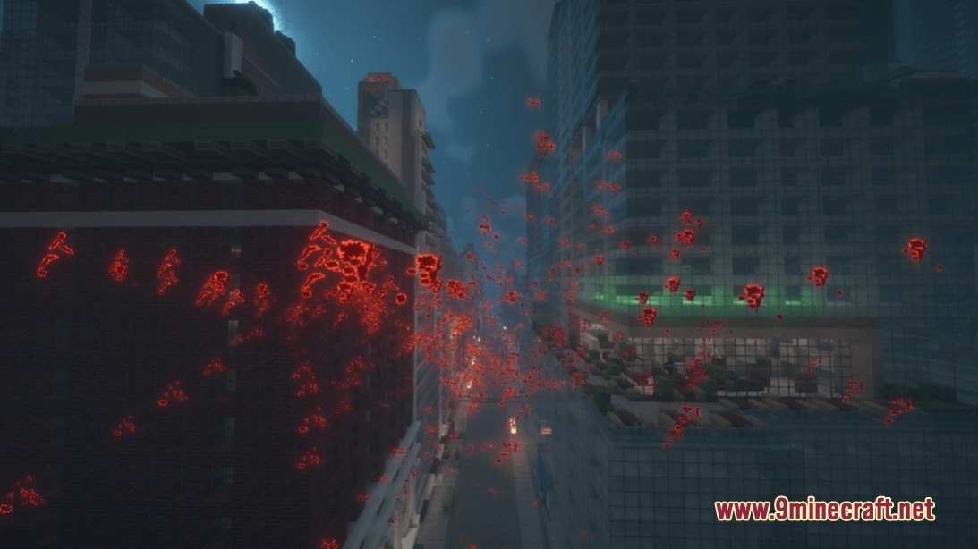 Customized Jujutsucraft Resource Pack Screenshot 4 Red glowing particles fill the air between city buildings at night