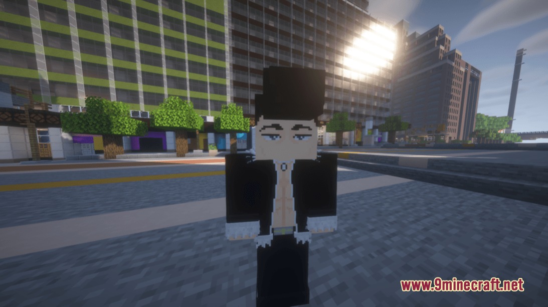 Customized Jujutsucraft Resource Pack Screenshot 5 Minecraft character with a pompadour hairstyle stands in a modern city street