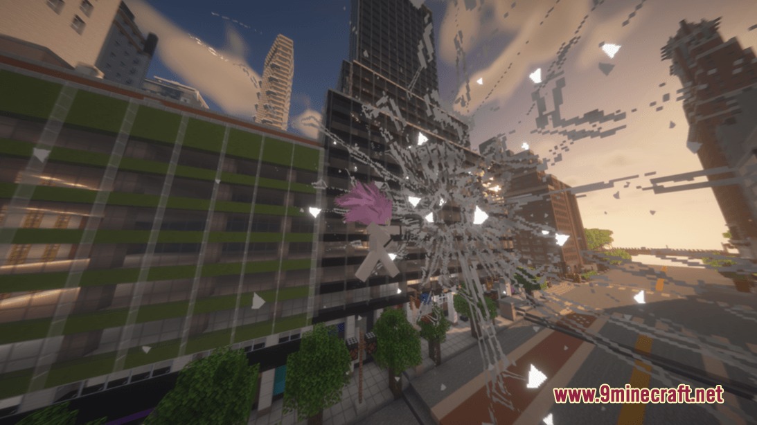 Customized Jujutsucraft Resource Pack Screenshot 6 Pink haired character performs a powerful shattering attack in a Minecraft city