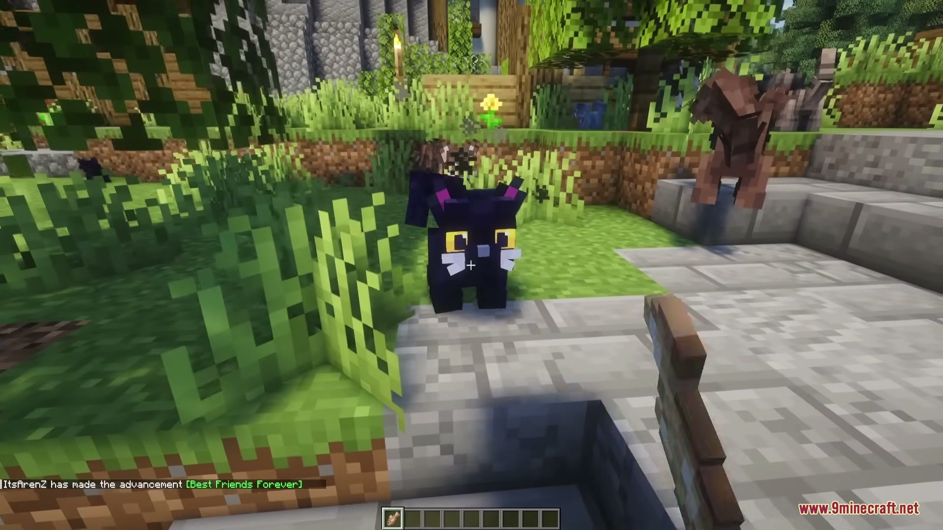 Cute Cats Mod Screenshot 5 A player holds a fish to tame a cute black cat on a path