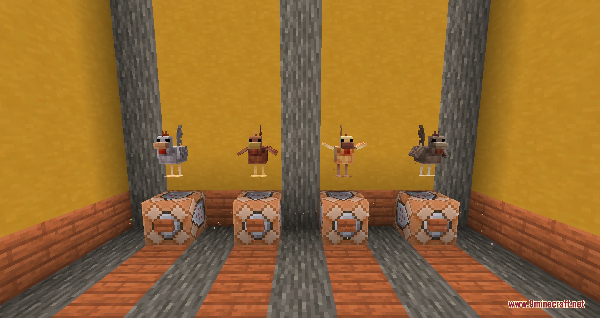 Cute Farm Animals Resource Pack Screenshot 4 Four unique chicken variants floating above command blocks in a yellow room