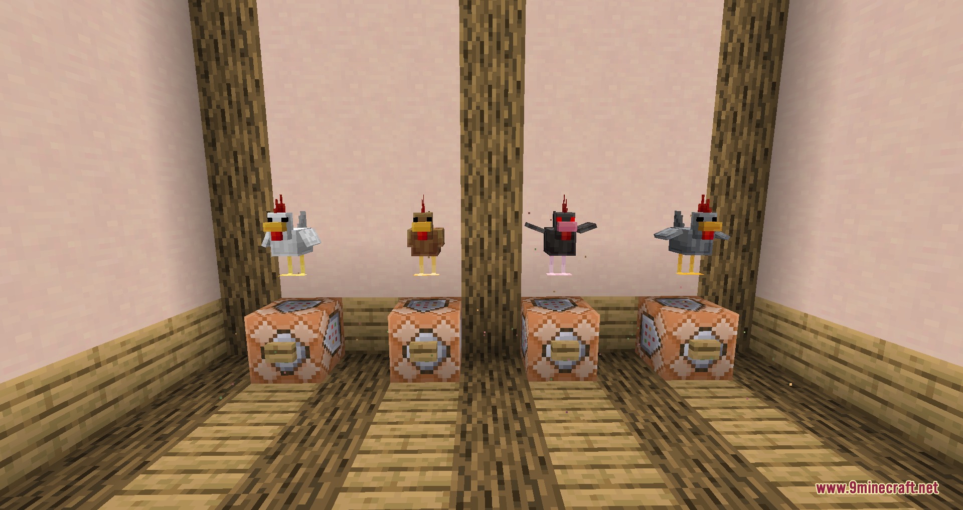Cute Farm Animals Resource Pack Screenshot 5 Four colorful chicken variants floating above command blocks in a wooden room