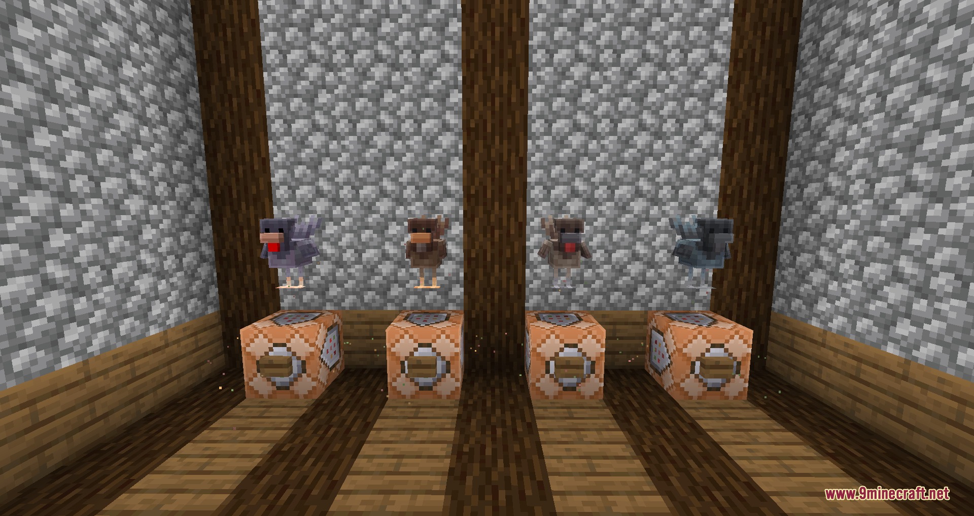 Cute Farm Animals Resource Pack Screenshot 6 Different chicken models floating over command blocks against a cobblestone wall