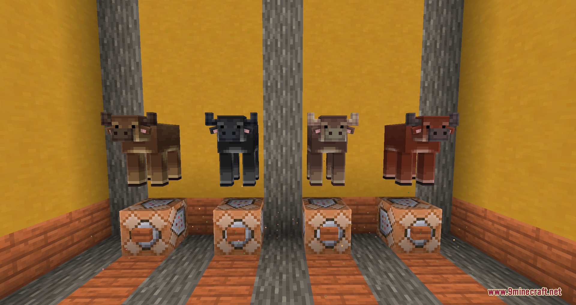 Cute Farm Animals Resource Pack Screenshot 7 Four cow variants with small ears floating above command blocks in yellow room