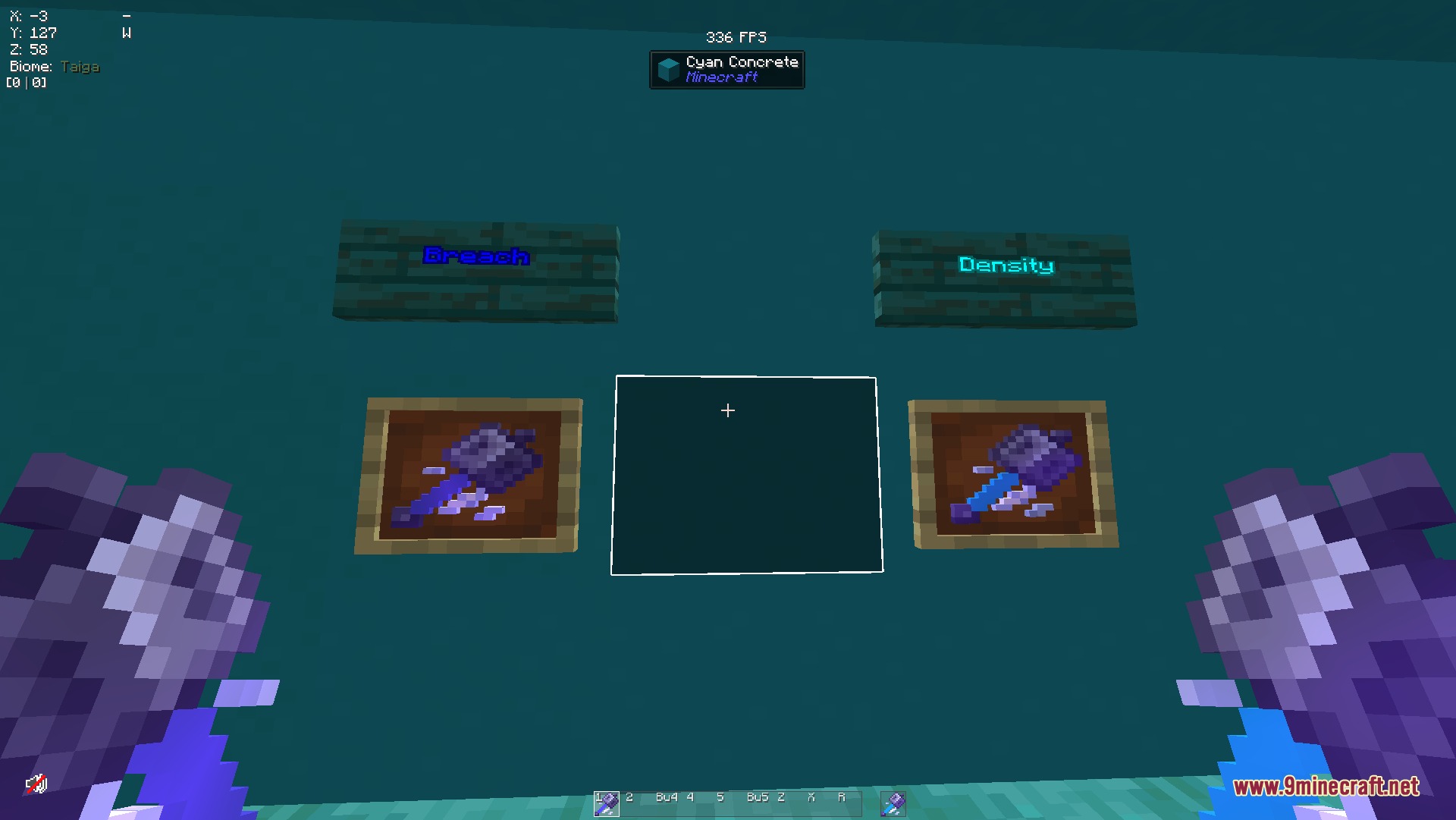 Cyan PVP Pack Resource Pack Screenshot 1 Player holding maces in front of Breach and Density enchantment item frames