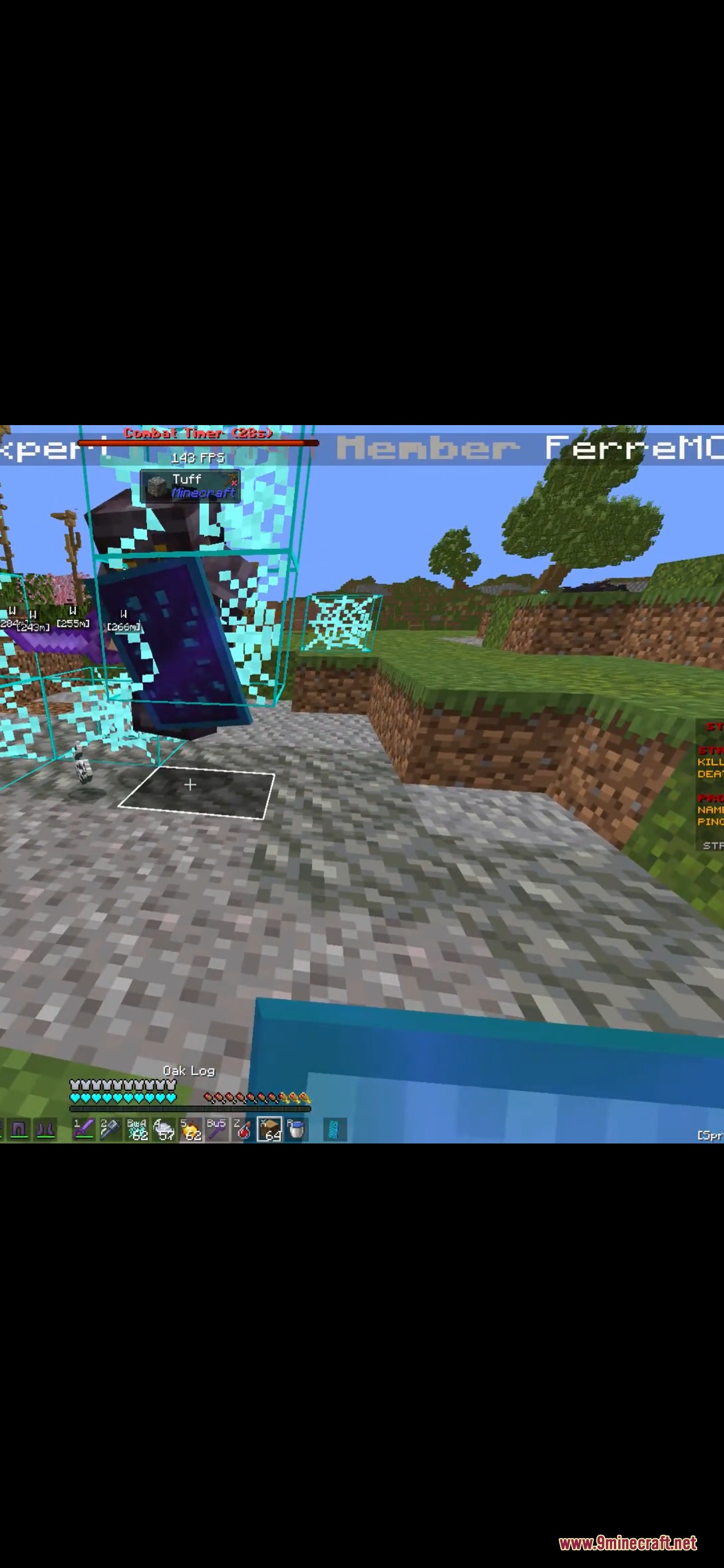 Cyan PVP Pack Resource Pack Screenshot 2 Player using a cyan shield and sword near blue cobwebs in combat