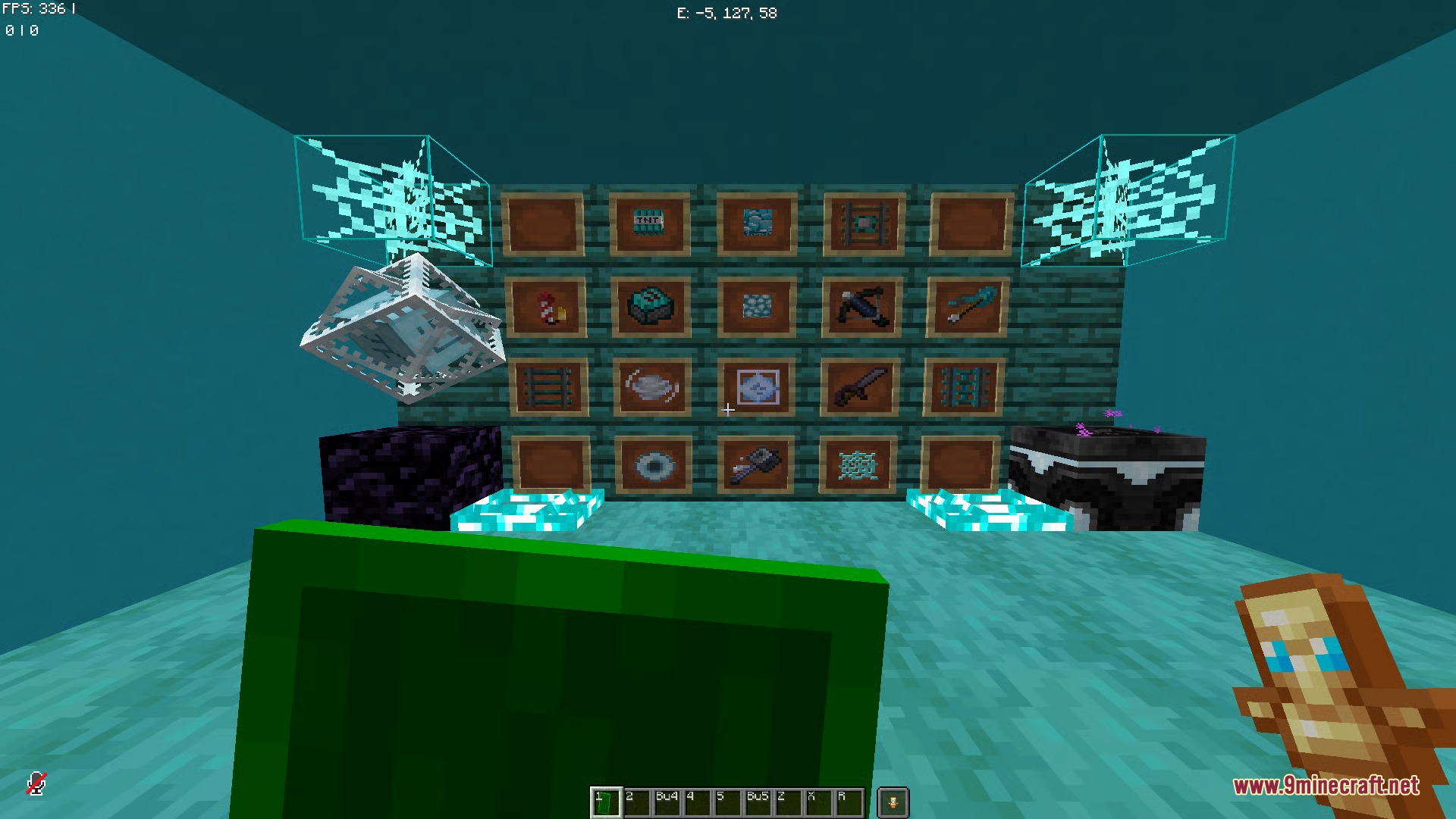 Cyan PVP Pack Resource Pack Screenshot 4 Display wall showcasing various items retextured with a bright cyan color theme