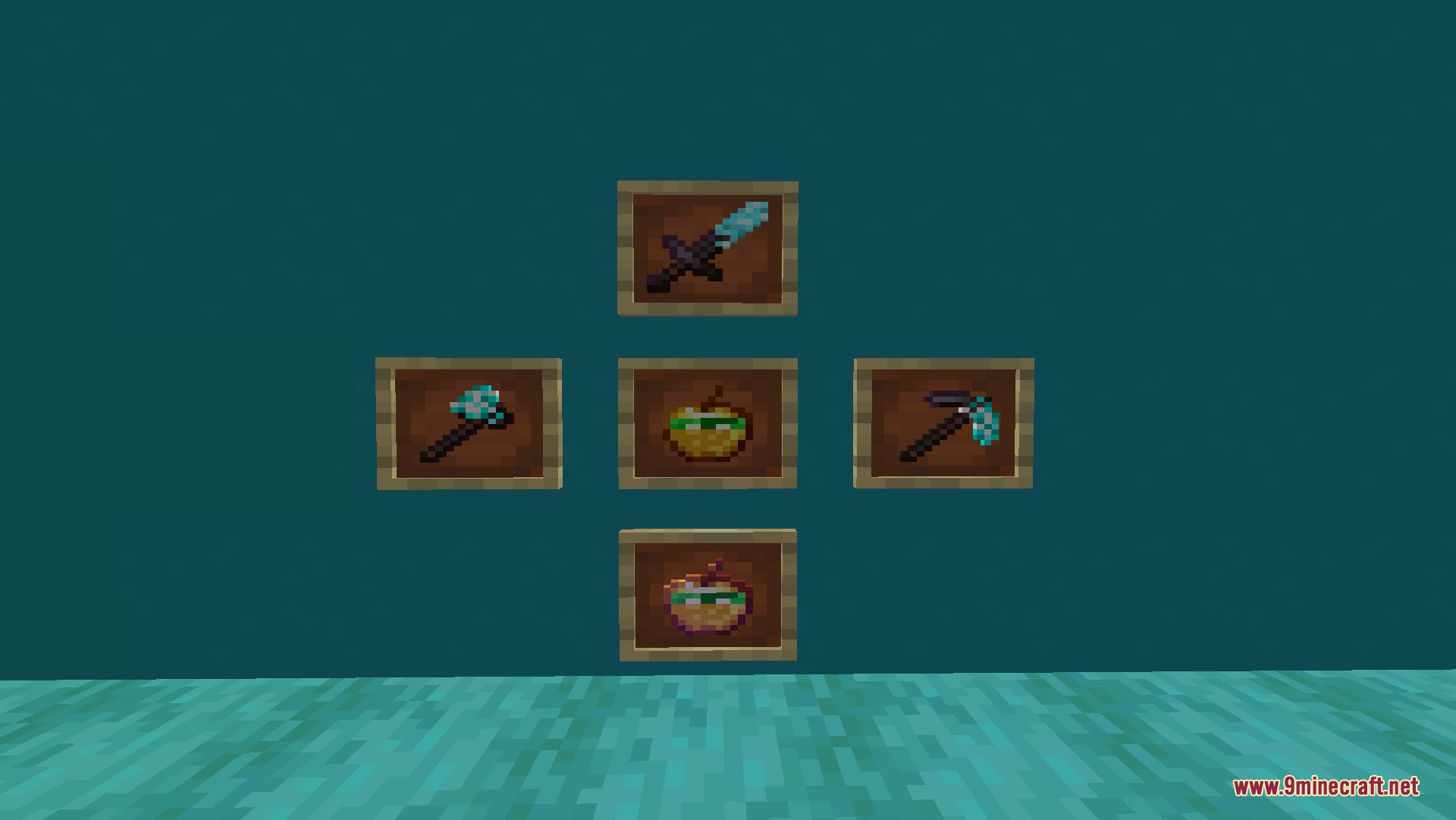 Cyan PVP Pack Resource Pack Screenshot 5 Cyan PVP Pack displays custom tools and golden apples in wall item frames