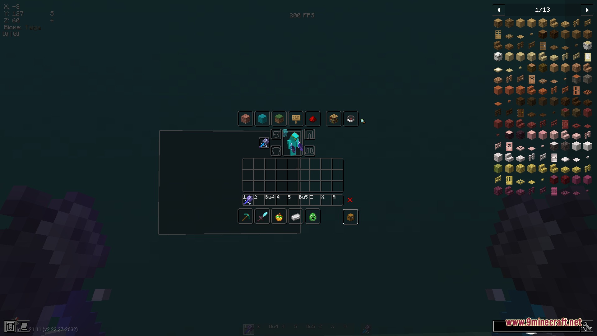 Cyan PVP Pack Resource Pack Screenshot 7 Player character wearing cyan armor inside a dark transparent inventory interface