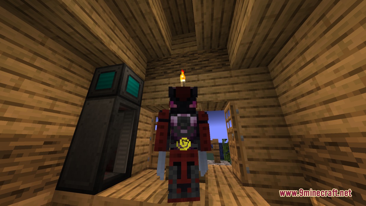 Cybernetics Mod Screenshot 2 A character wearing a red and black robotic suit inside a wooden house