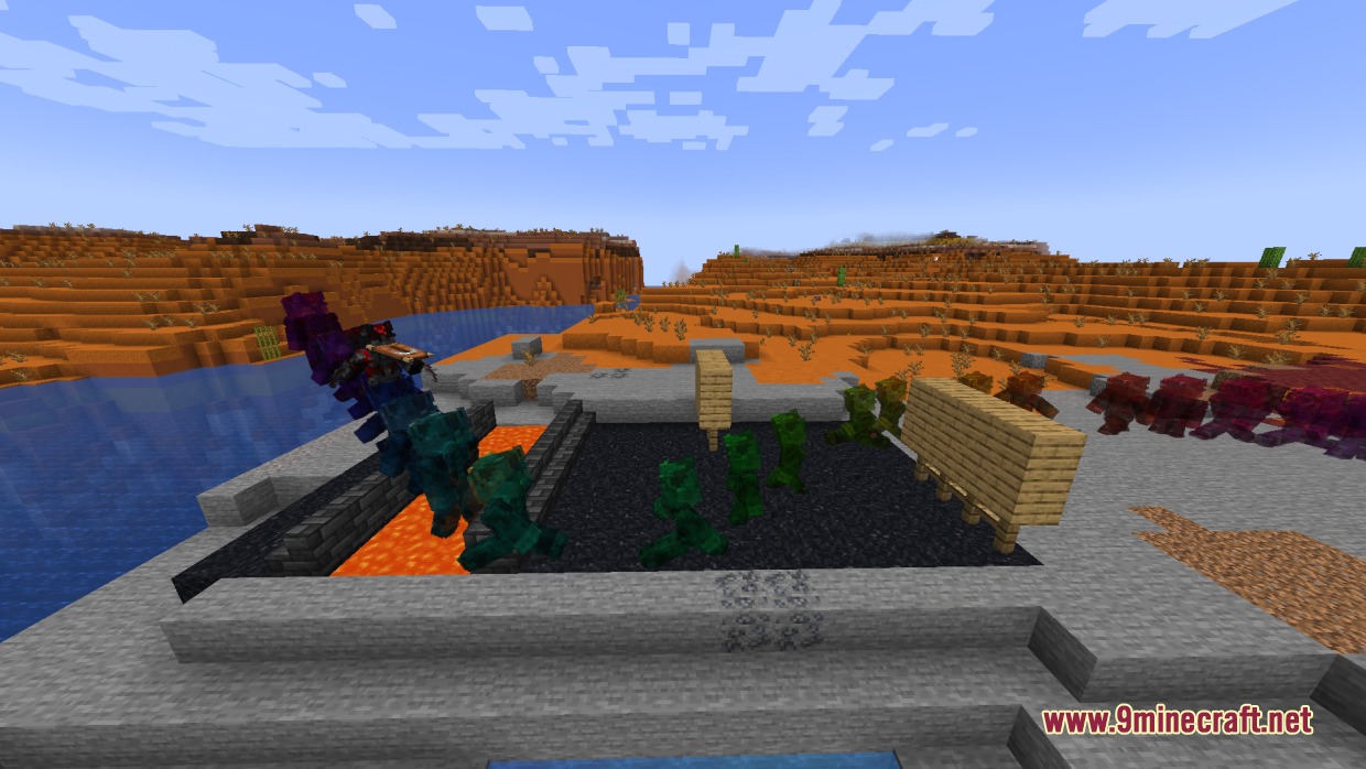 Cybernetics Mod Screenshot 4 Robotic creatures and structures displayed in a mesa biome near a lava pool