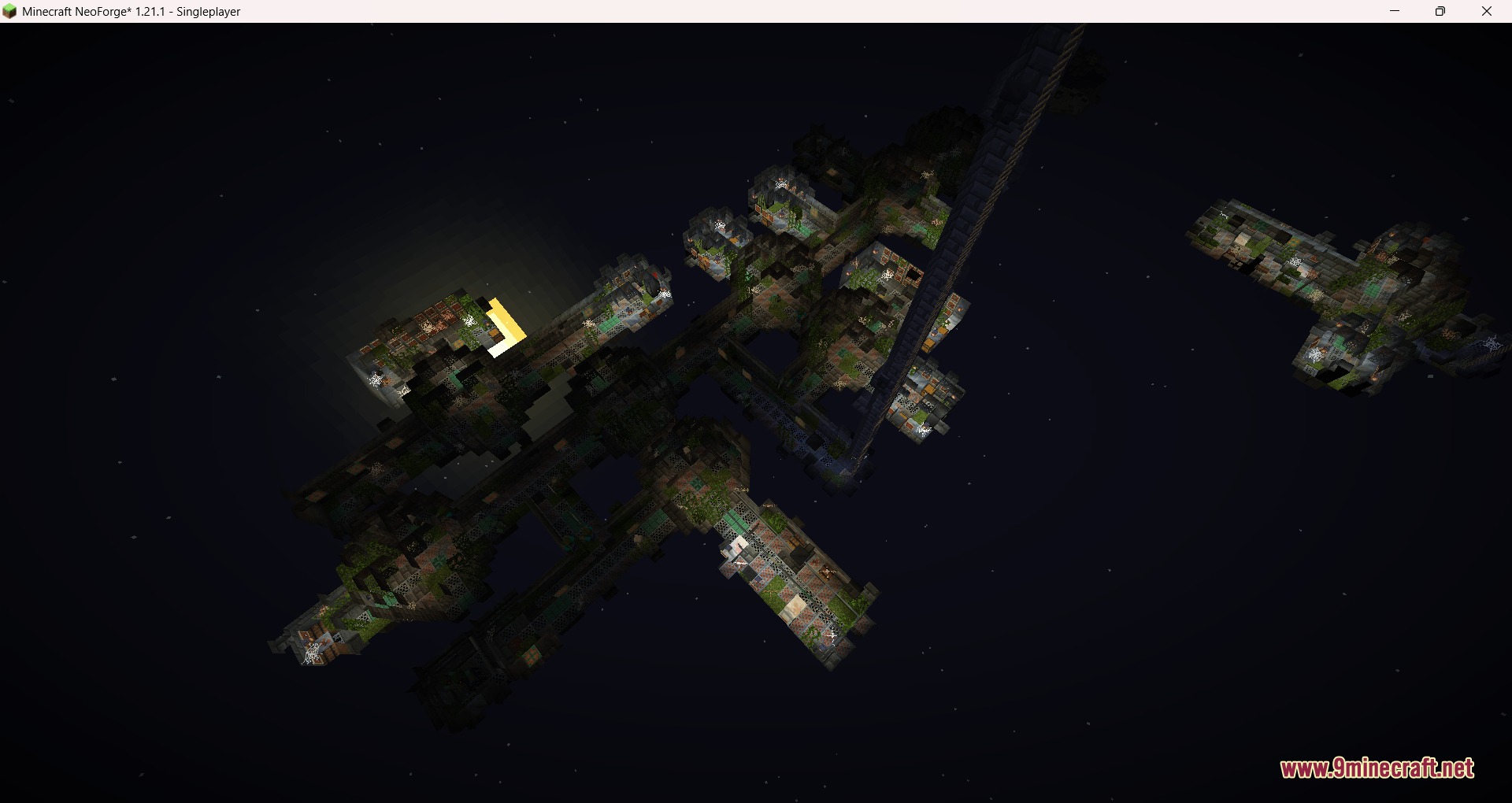 Cybernetics Mod Screenshot 5 An expansive abandoned laboratory structure with multiple rooms and corridors at night