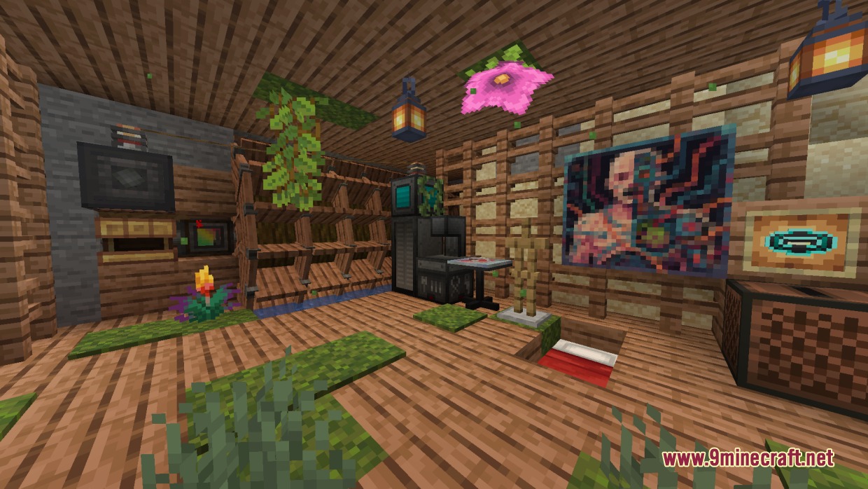 Cybernetics Mod Screenshot 7 A futuristic Minecraft room featuring a cyborg painting and advanced engineering equipment