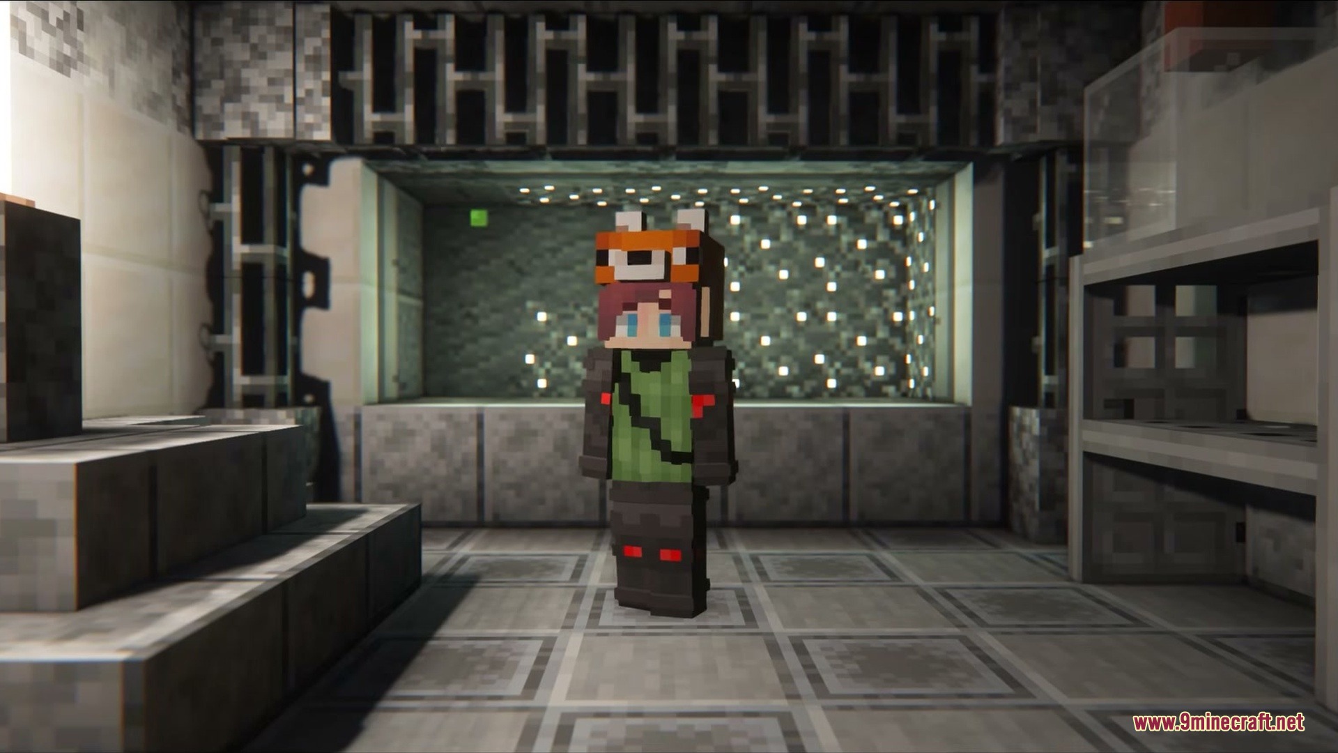 Cyberware Reforged Mod Screenshot 1 Minecraft character stands in a futuristic room with glowing wall lights