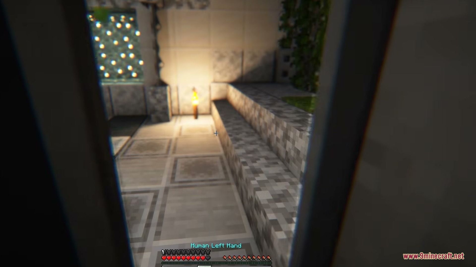 Cyberware Reforged Mod Screenshot 3 First person view inside a surgery chamber with a torch and tiles