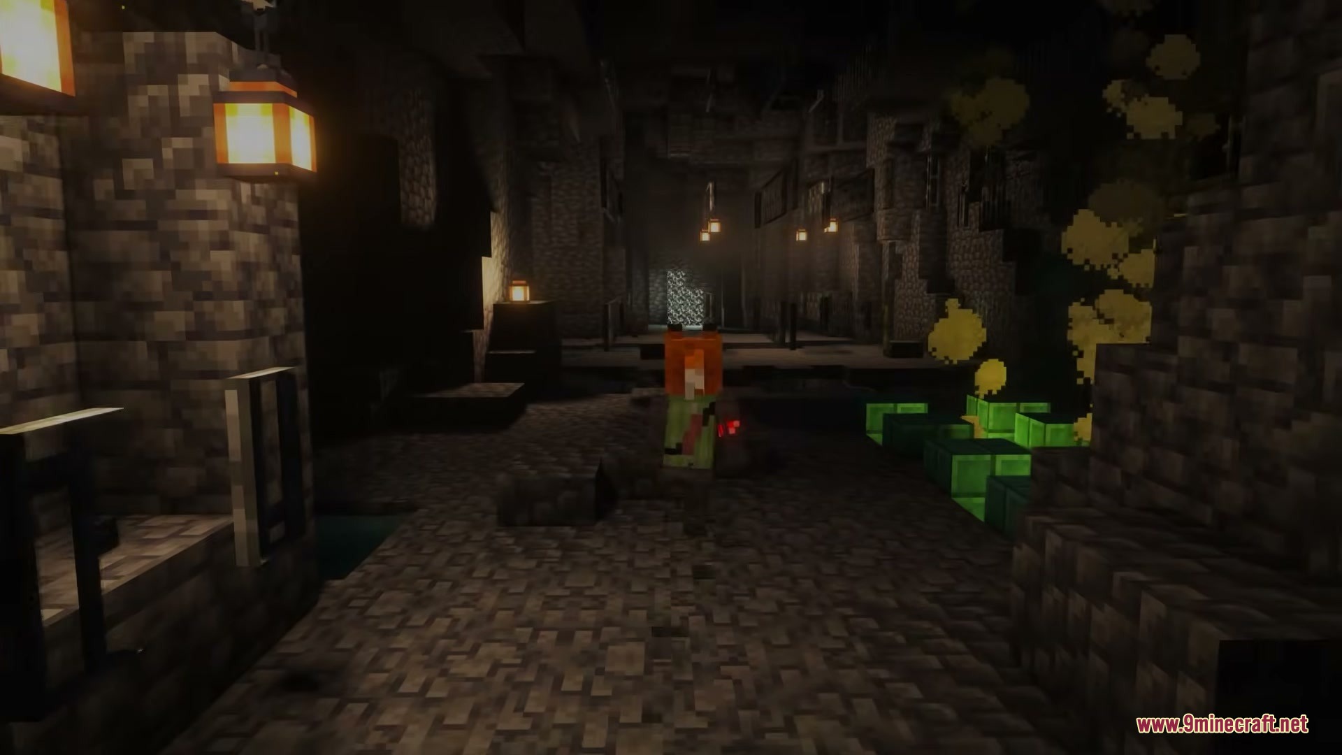 Cyberware Reforged Mod Screenshot 4 Augmented monster standing in a dark dungeon lit by hanging lanterns