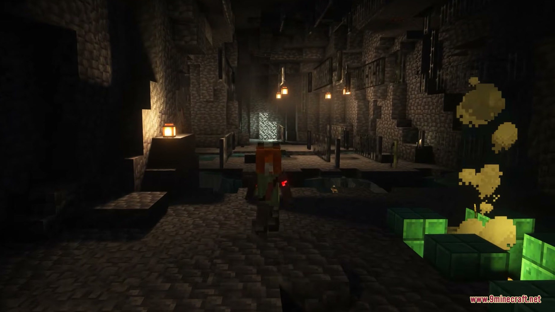 Cyberware Reforged Mod Screenshot 5 Player explores a dark stone chamber with lanterns and green blocks