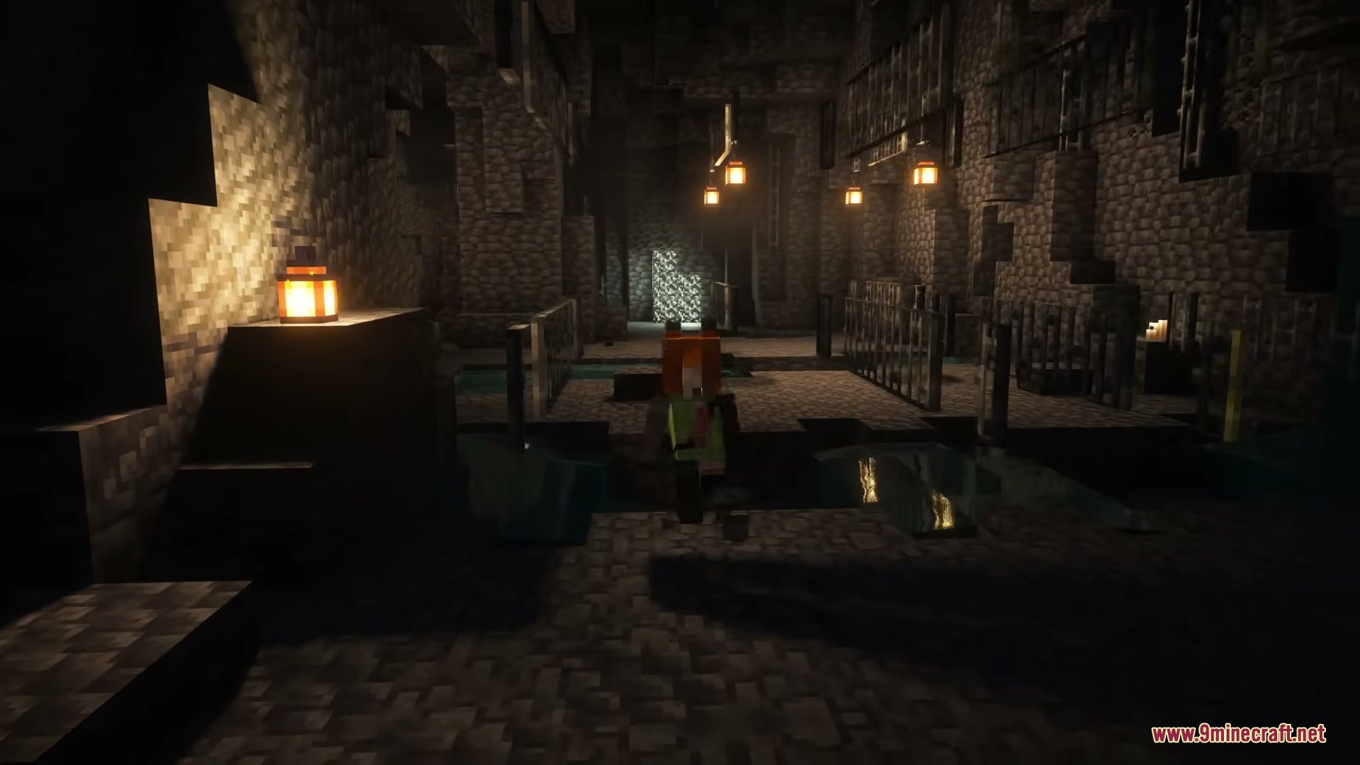 Cyberware Reforged Mod Screenshot 6 Character stands in a dimly lit stone hallway with hanging lanterns