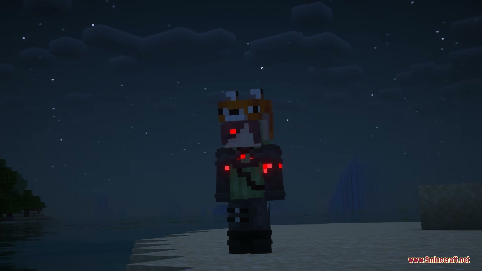 Cyberware Reforged Mod Screenshot 7 Minecraft character with glowing red cybernetic eyes standing on a beach