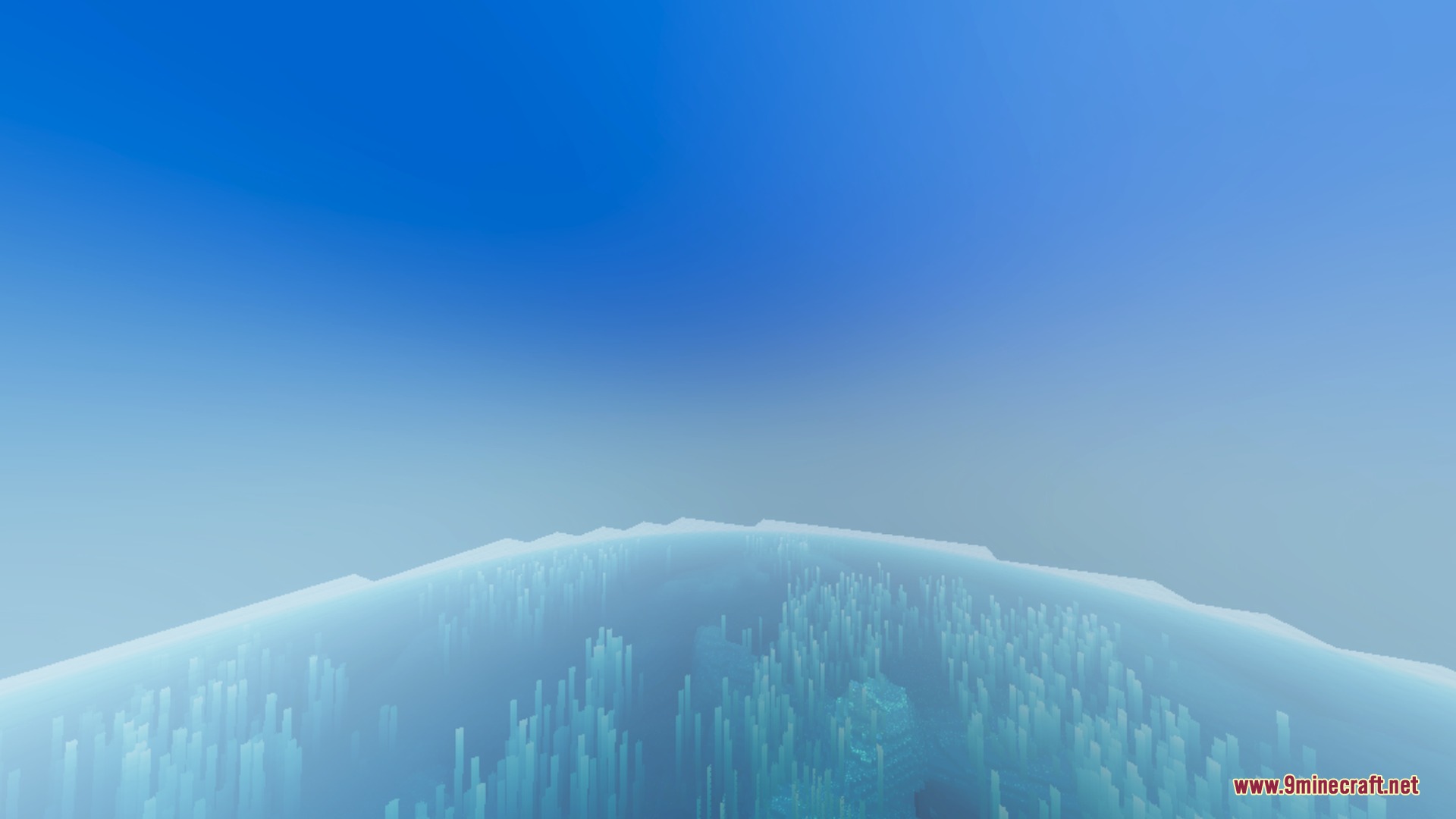 Cyrus Shaders Screenshot 6 Foggy blue atmosphere over a vast ocean with underwater ice pillars