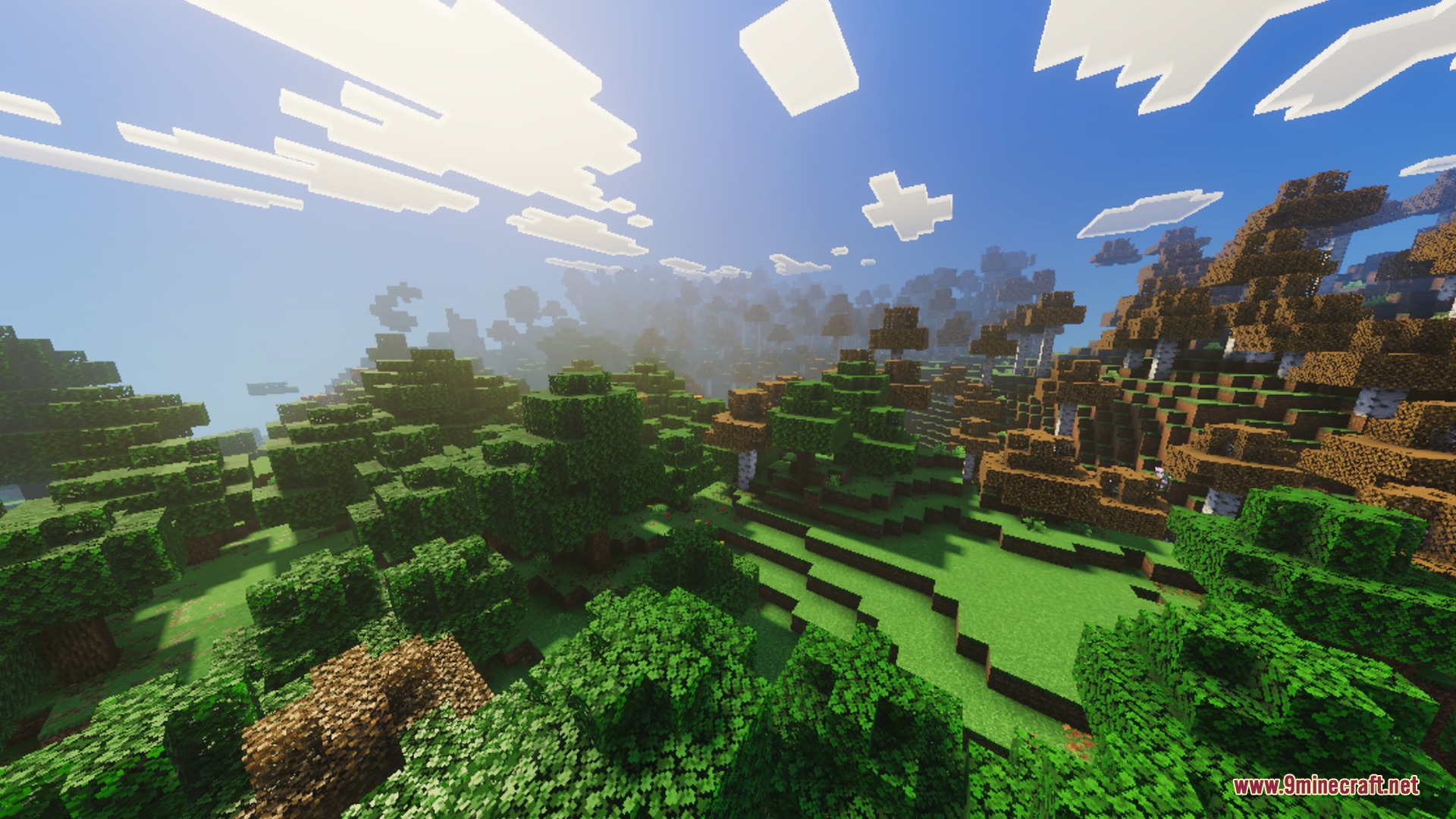 Cyrus Shaders Screenshot 7 A vast Minecraft forest landscape glowing under a bright warm golden sky