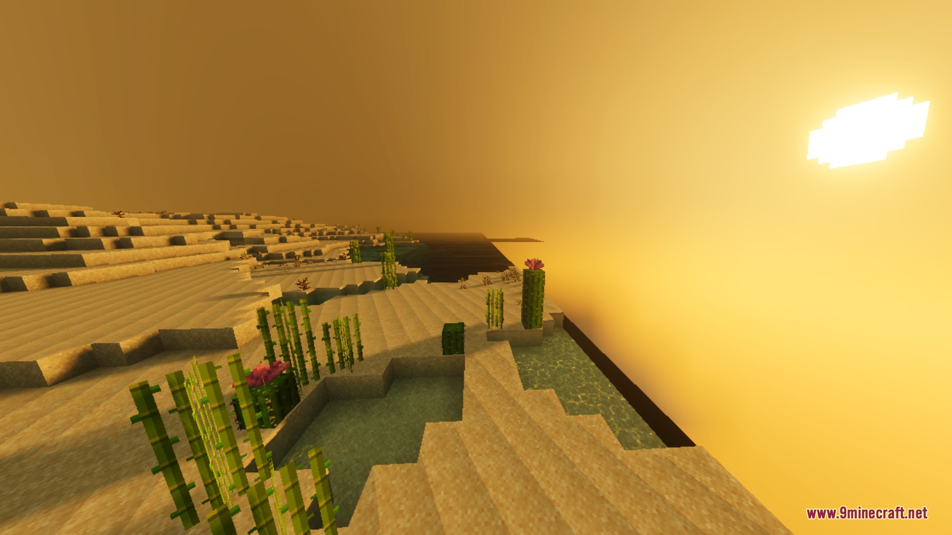 Cyrus Shaders Screenshot 9 Warm golden lighting and volumetric fog over a desert biome at sunset