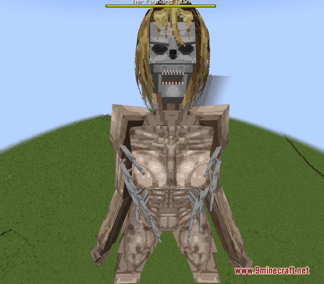 DAOT Spring Addon Mod Screenshot 1 A massive skeletal Ymir Founding Titan stands in a grassy Minecraft field