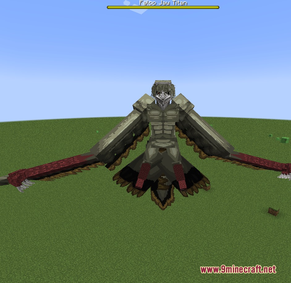 DAOT Spring Addon Mod Screenshot 2 The winged Falco Jaw Titan spreads its arms in a Minecraft world