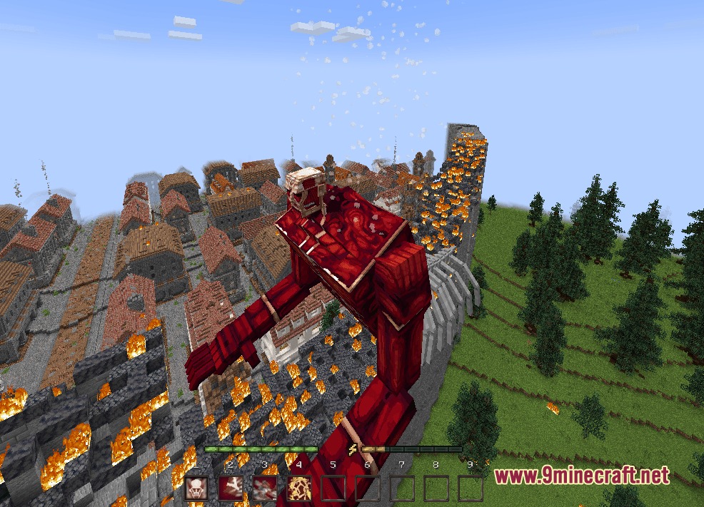 DAOT Spring Addon Mod Screenshot 3 A giant red titan peering over a stone wall into a burning village